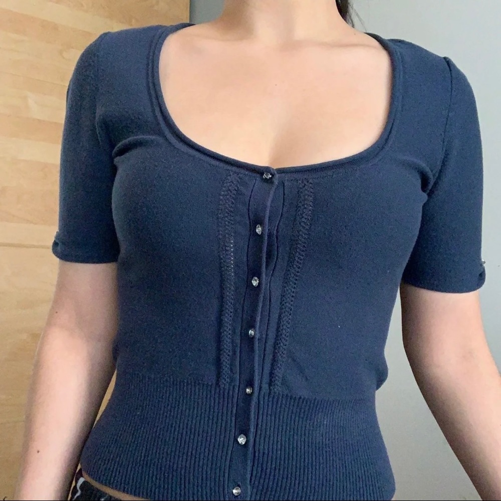 Guess Navy Rhinestone Button Cardigan - Picture 7 of 13